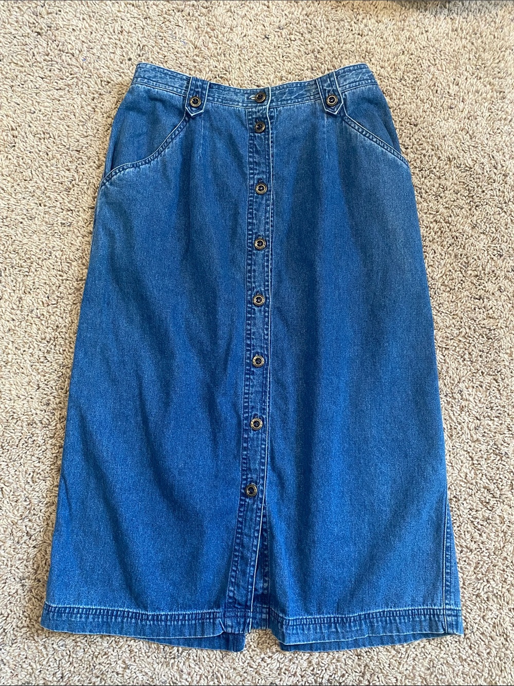 Vintage Classic Blue Denim Button-Front Midi Skirt